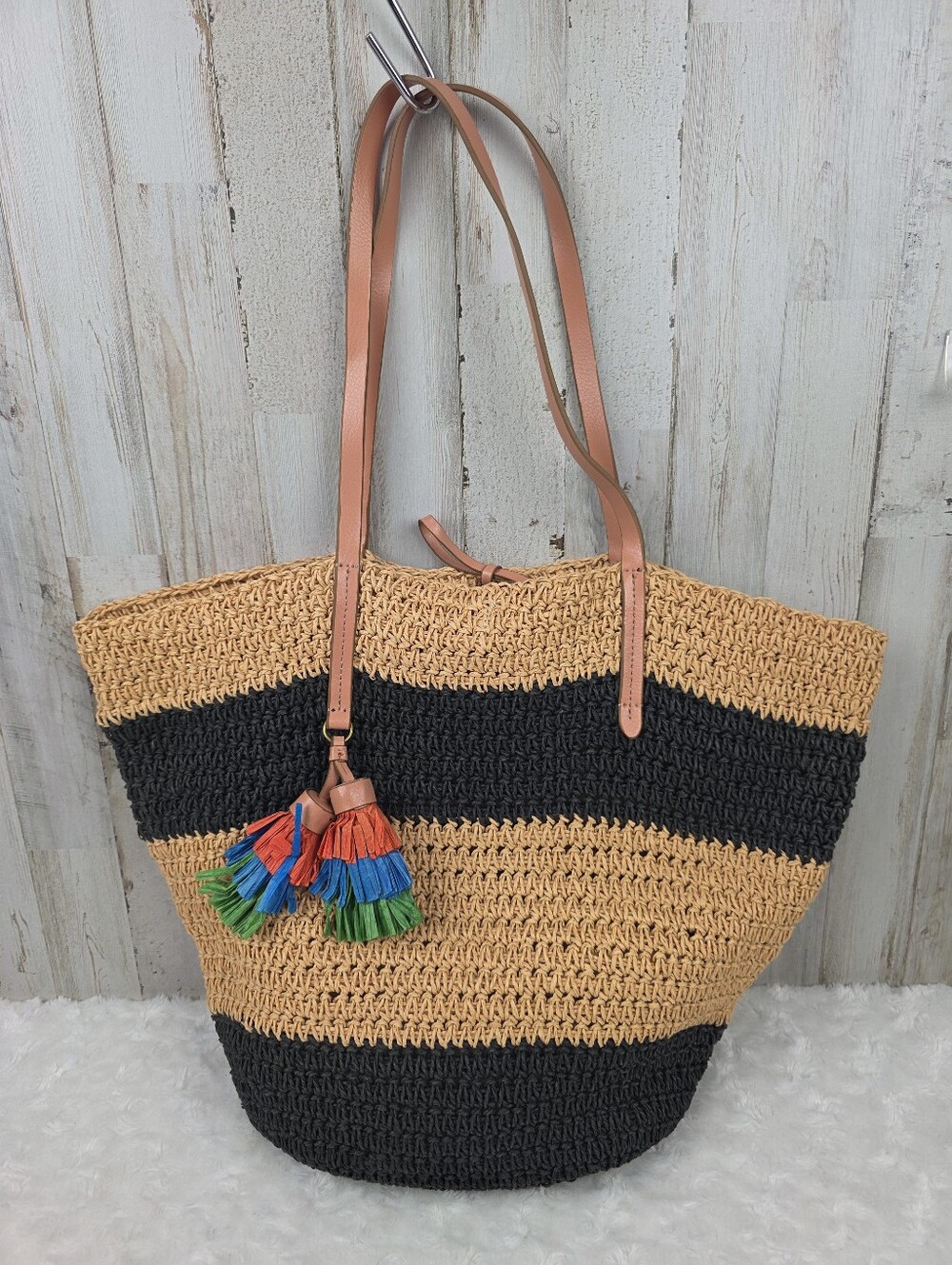 J.Crew Striped Straw Tote Bag with Leather Handles and Colorful Tassel